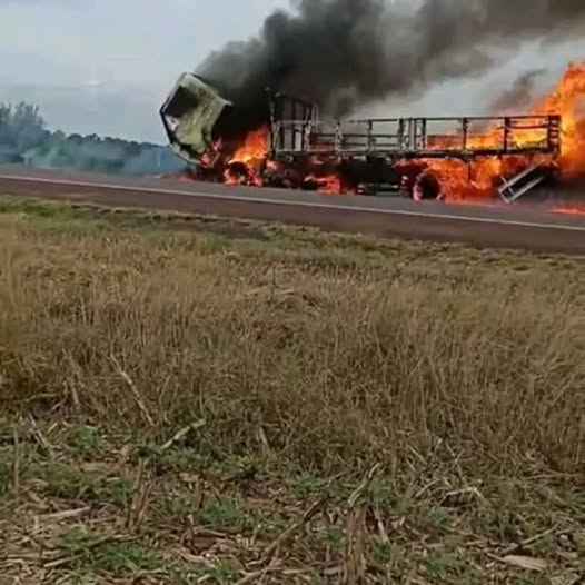 Caminhão é destruído por incêndio na BR-468 em Coronel Bicaco
