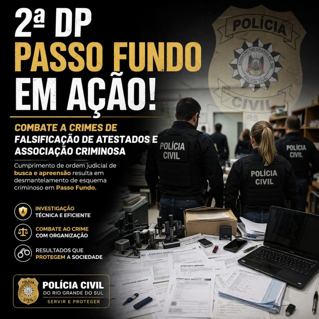 Polícia Civil desarticula esquema de falsificação de atestados médicos em Passo Fundo durante operação da 2ª DP