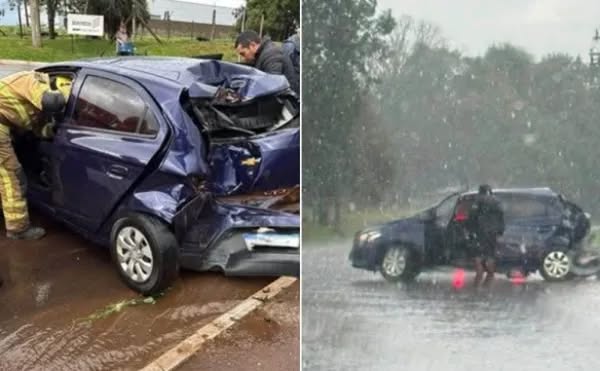 Motorista fica ferida após veículo aquaplanar e colidir contra poste em Cruz Alta