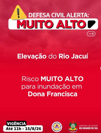 Defesa Civil emite alerta vermelho para risco muito alto de inundação do rio Jacuí em Dona Francisca