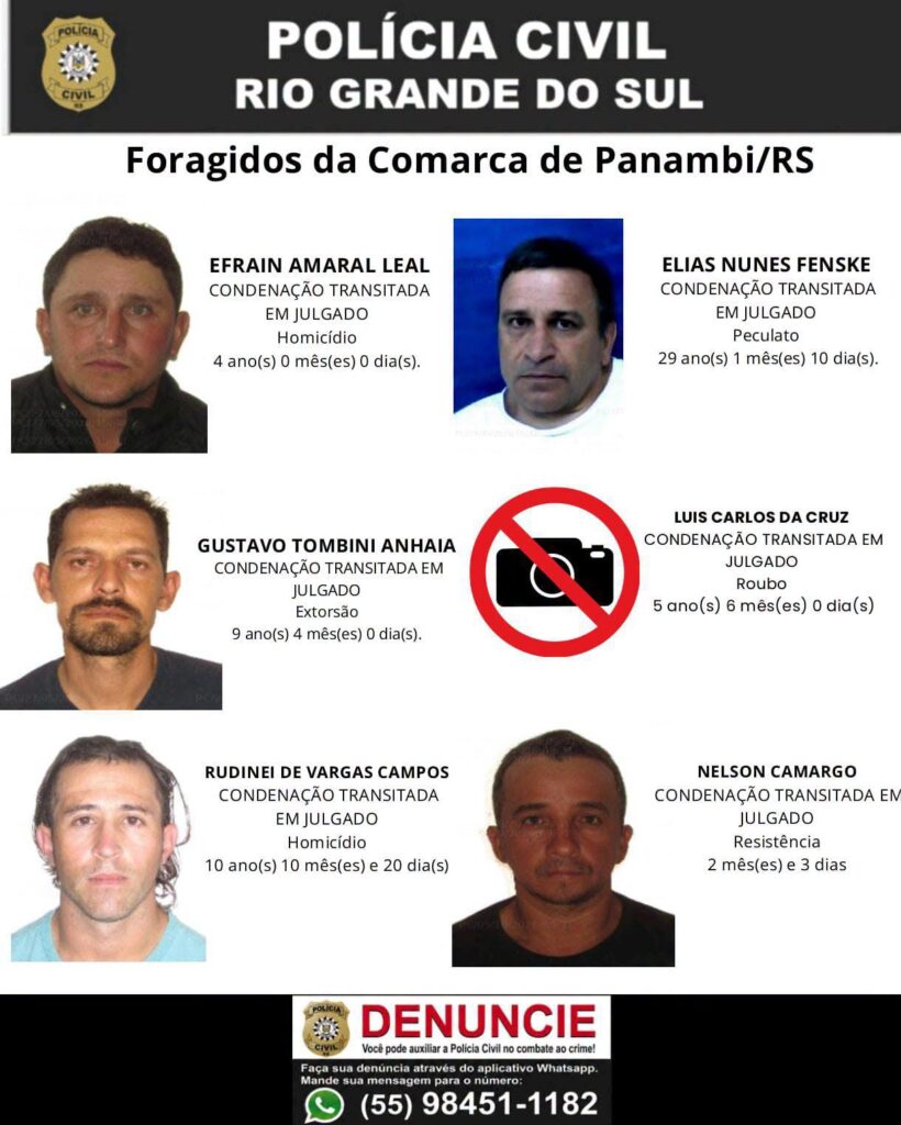 Polícia Civil divulga lista de foragidos da Comarca de Panambi