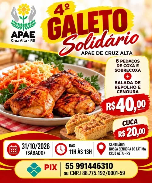 APAE de Cruz Alta promove 4ª edição do Galeto Solidário neste sábado