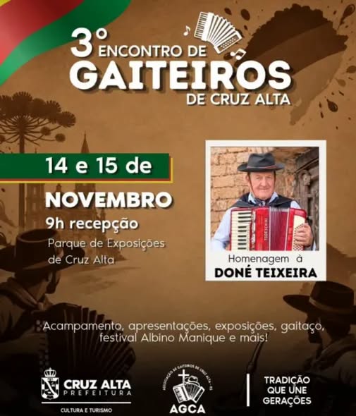 Cruz Alta recebe o 3º Encontro de Gaiteiros com homenagem a Doné Teixeira nos dias 14 e 15 de novembro