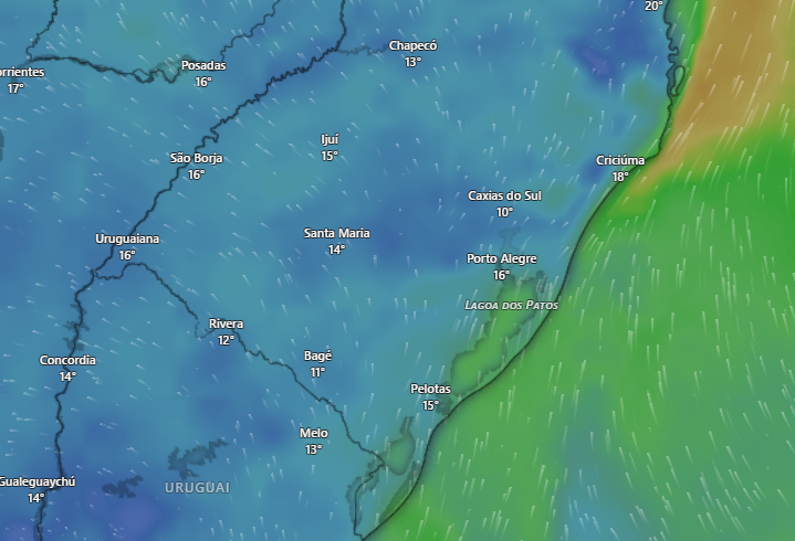 Massa de ar frio mantém temperaturas baixas no RS e traz possibilidade de geada isolada